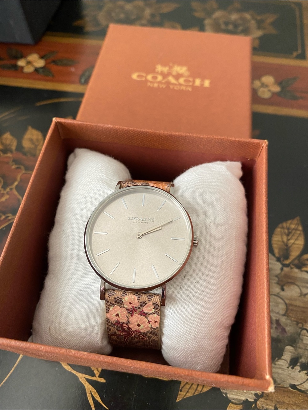 Coach Floral Leather Strap Watch with Rose Gold Case and Cream Dial